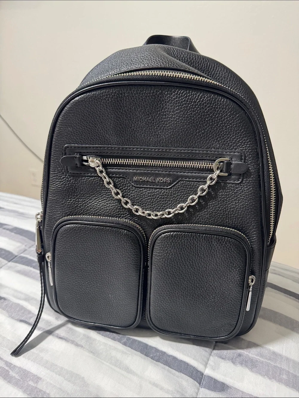 Michael Kors Elliot MD Leather Backpack with Silver Chain Detail